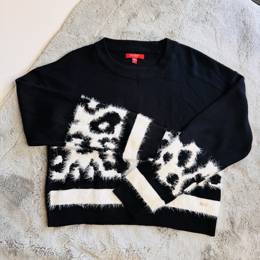 Guess Los Angeles Women's Sz XL Animal Print Crop Sweater Black & White - Picture 15 of 16